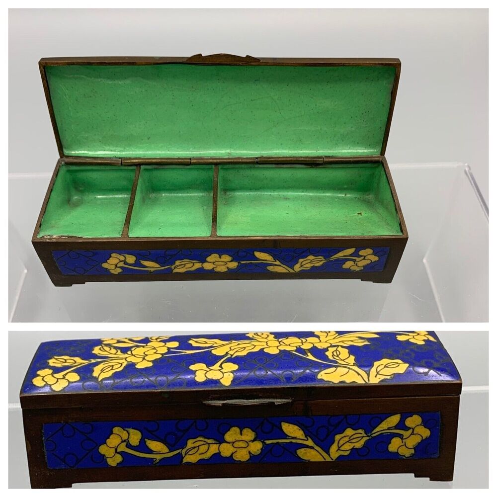Vtg Cloisonne Enamel Brass Copper Floral Stamp Holder Hinged Box Floral Blue